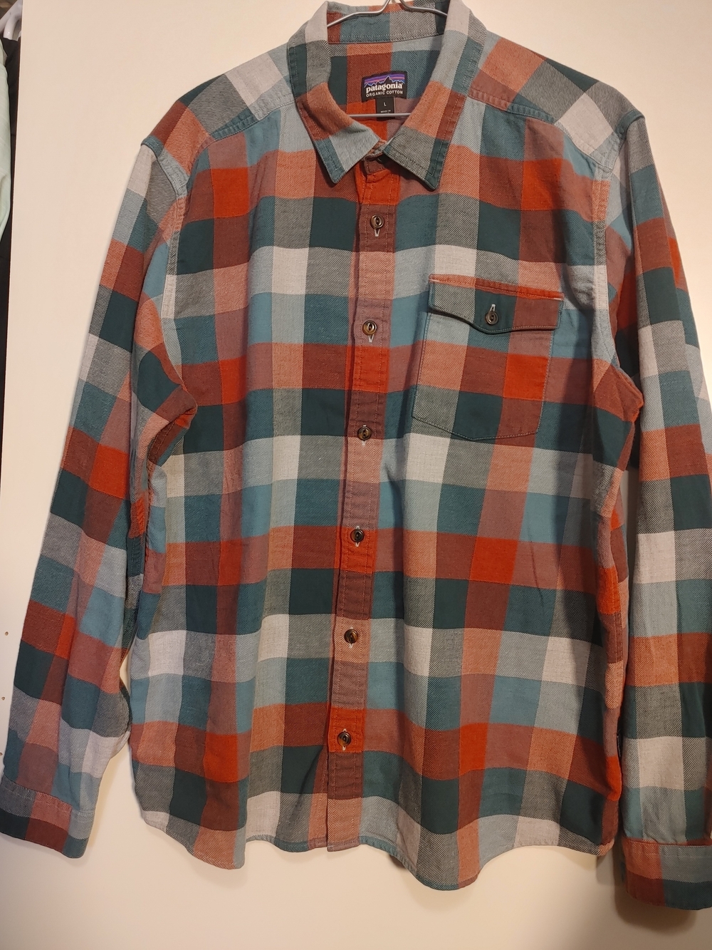 Patagonia Men’s Plaid Button-Down Shirt — Orange, Teal & White